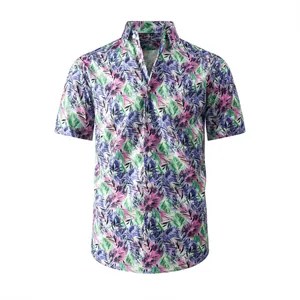 Men's vibrant tropical leaf print Hawaiian beach shirt in cool ice silk fabric.