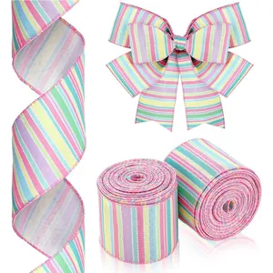 Easter Burlap Ribbon Wired Edge Polyester Rainbow Striped Craft Ribbon For DIY Wreaths Gift Wrapping Spring Party Home Decor Ribbon Roll