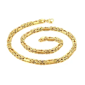 Elegant gold-tone stainless steel men's necklace featuring embossed cross motif pattern links