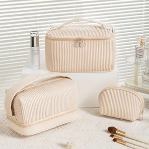 Large Capacity PU Leather Makeup Bag Waterproof Pleated Toast Travel Cosmetic Bag Portable Dual Layer Toiletries Handbag For Women