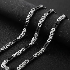 Stylish men's stainless steel Byzantine chain necklace featuring black cross charm links