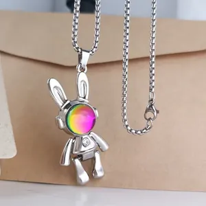 Hip-hop silver robot rabbit necklace with iridescent visor and movable joints for men