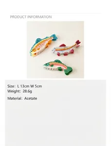 Detailed product specifications for acetate rainbow fish-shaped hair claw clips.
