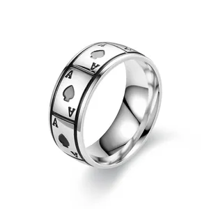 Fashionable hip-hop titanium steel ring featuring an engraved Spade A poker design