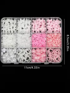 12-grid nail art charms mix with pink and white flowers, bows, and pearls, 11x8.5cm.