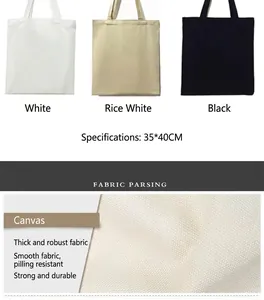 Detail view of 35x40cm canvas tote bags in white, beige, and black colors.
