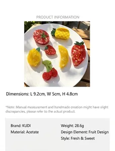 Various fruit-shaped acetate hair claw clips with product dimensions and specifications