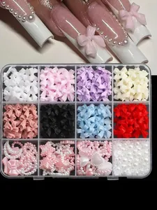 Detailed 12-grid nail art charm set featuring colorful mixed bows and pearls for nail decoration