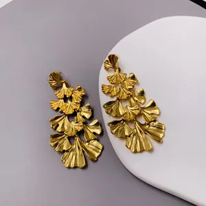 Elegant vintage matte gold gingko leaf long dangle earrings with 925 silver needle for women