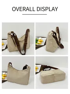 Vues sous plusieurs angles d'un sac hobo beige vintage avec bandoulières marron.
