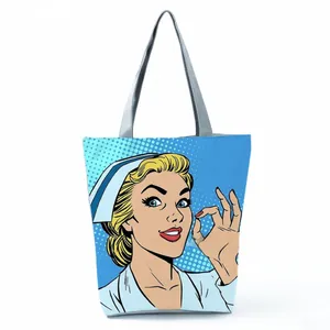 Vibrant nurse pop art print tote bag designed for daily shopping and summer beach trips