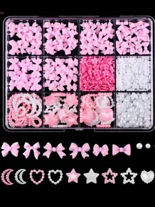 12-grid nail art charm set featuring pink bows, flowers, pearls, hearts, and stars