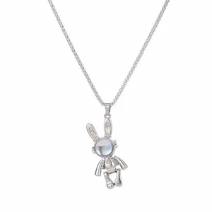 Mechanical astronaut rabbit pendant necklace with colorful iridescent face inlay design