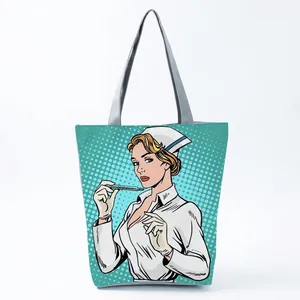 Close-up of a pop art style nurse illustration on a mint green polka dot tote bag