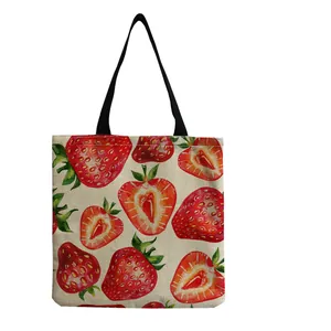 Women Casual Cotton Linen Printed Tote Bag Strawberry Lemon Pattern Large Capacity Reusable Grocery Shopping Bag Eco Friendly Handbag