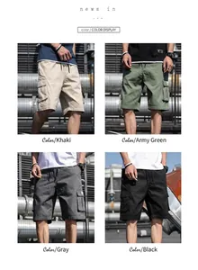 Présentation de shorts cargo pour hommes en quatre coloris: kaki, vert, gris et noir.