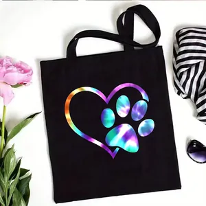 Rainbow Paw Print Heart Pattern Black Canvas Tote Bag For Women Eco Friendly Reusable Shoulder Shopping Bag Fashion Daily Travel Handbag