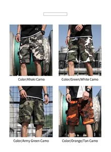 Présentation détaillée de shorts cargo en quatre motifs camouflage dont vert armée et orange