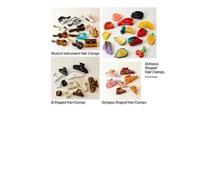 Unique acetate hair claw clips featuring musical instrument and colorful fruit designs