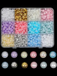 Close-up view of a 12-grid set containing multi-color half-round pearls for nail art
