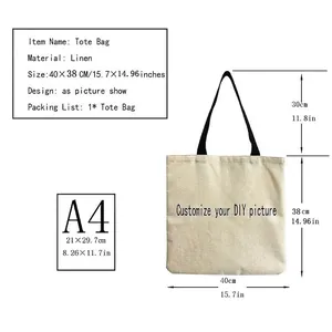 Linen tote bag dimensions 40x38cm showing handle height and A4 paper comparison
