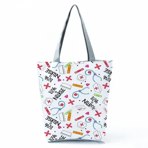White canvas tote bag with creative nurse theme print for women's daily shopping
