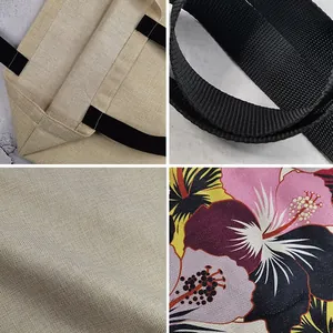 Detailed view of floral cotton linen tote bag with sturdy black woven shoulder straps