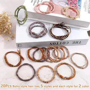 Set of 20 Bohemian style elastic hair ties and braided bracelets for women in earthy tones