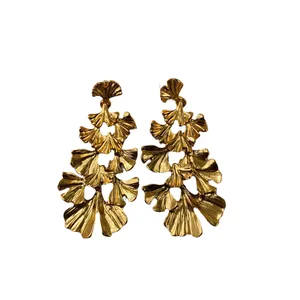 Vintage matte gold ginkgo leaf exaggerated drop earrings with 925 silver needles