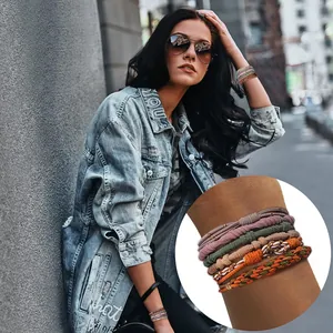 Bohemian elastic hair ties and bracelets set for women with colorful braided designs