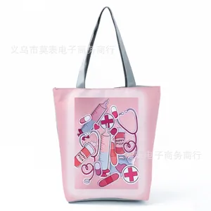 Detailed macro view of creative nurse-themed cartoon print on pink tote bag