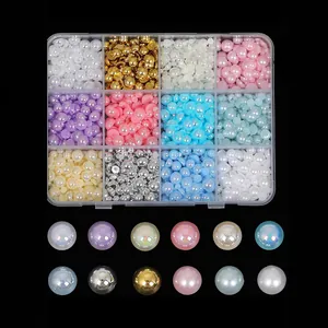 12-grid set of multi-colored semi-round pearls for nail art and DIY craft decoration