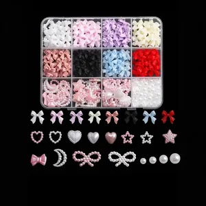 12-grid colorful nail art charms set with bows hearts and pearls for DIY decoration