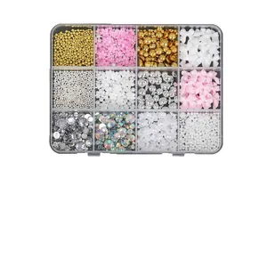 12 grids nail art decoration set with colorful pearls flowers and rhinestones for manicure