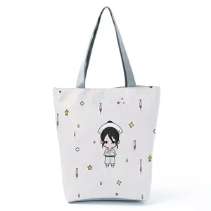 White canvas tote bag featuring a cute cartoon nurse print and medical icons for daily use