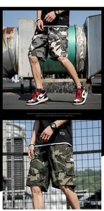 Gros plan d'un short cargo camouflage pour homme avec poches latérales en coton