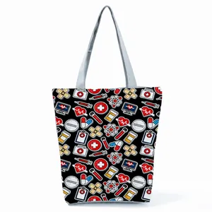 Creative nurse print tote bag for women featuring colorful medical themed icons