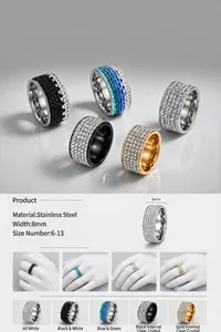 Detailed view of 8mm stainless steel five-row crystal rings shown in various colors and styles.