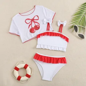 Kids Girls 3-Piece Swimsuit Set Cherry Print Ruffle Bikini Top High Waist Bottoms With Mesh Cover-Up Summer Beach Swimwear