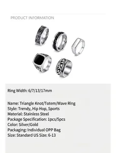 Detailed product specs for vintage men's stainless steel rings with totem and knot patterns.