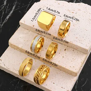 Detailed dimension guide for 6pcs gold stainless steel hip hop ring set with size info