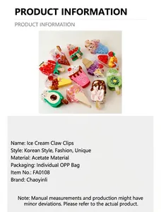 Detailed product specifications for acetate fruit and ice cream design hair claw clips