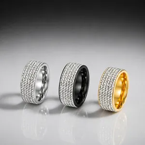 Elegant 8mm stainless steel women's ring with five rows of sparkling pave crystals.