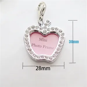 Mini apple-shaped pet photo frame ID tag with rhinestones, 28mm x 30mm size detail