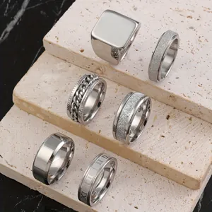 Men Stainless Steel Rings Set Hip Hop Punk Spinner Rings Frosted Roman Numerals Relief Anxiety Band Rings Jewelry For Men