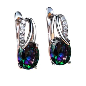Elegant silver earrings featuring oval mystic topaz stones and sparkling CZ accents