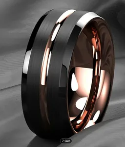 Close-up detail of a matte black stainless steel ring with a rose gold interior
