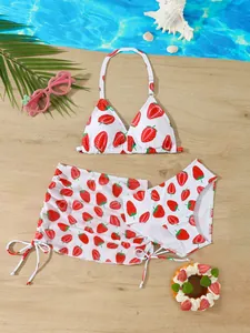 Girls strawberry print three-piece swimwear set including halter bikini top and skirt