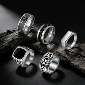 Vintage stainless steel ring set for men featuring five diverse retro street designs
