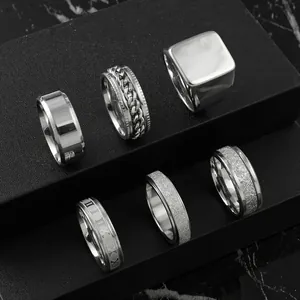 Set of 6 men's silver stainless steel rings with polished and frosted textures